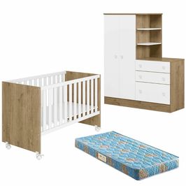 Conjunto Quarto Infantil Qmovi Guarda-Roupa com Cômoda Berço e Colchão